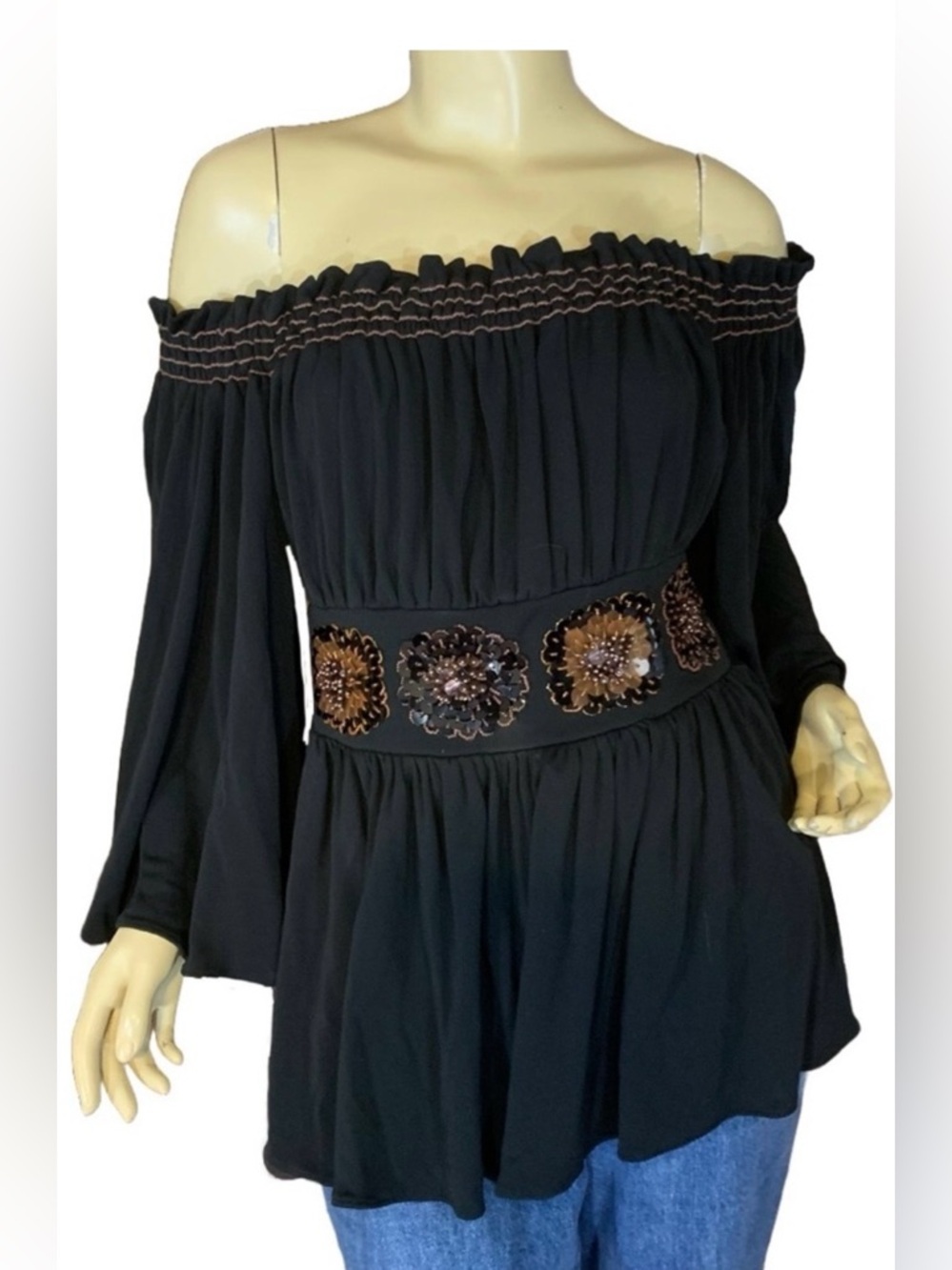 TOMASO STEFANELLI BROWN OFF-THE-SHOULDER BEADED WAIST STRETCHY PEASANT TOP (42)